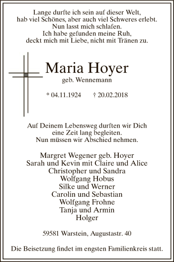 Traueranzeige von Maria Hoyer von MZV