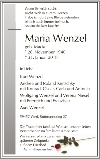 Traueranzeige von Maria Wenzel von MZV