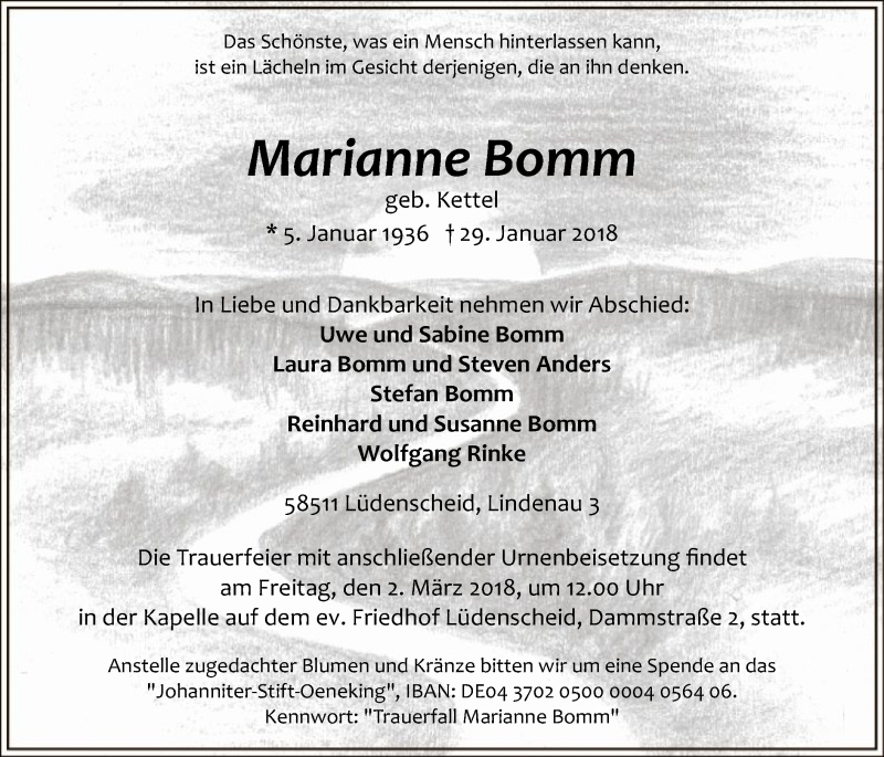  Traueranzeige für Marianne Bomm vom 24.02.2018 aus MZV