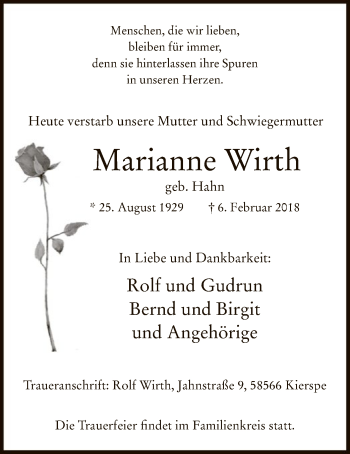 Traueranzeige von Marianne Wirth von MZV