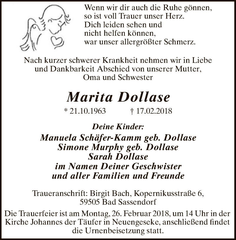  Traueranzeige für Marita Dollase vom 21.02.2018 aus MZV