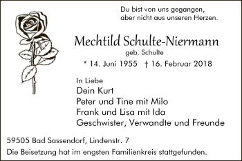 Traueranzeige von Mechtild Schulte-Niermann von MZV