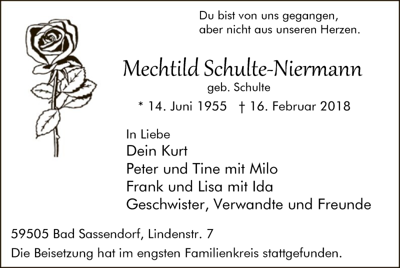  Traueranzeige für Mechtild Schulte-Niermann vom 27.02.2018 aus MZV