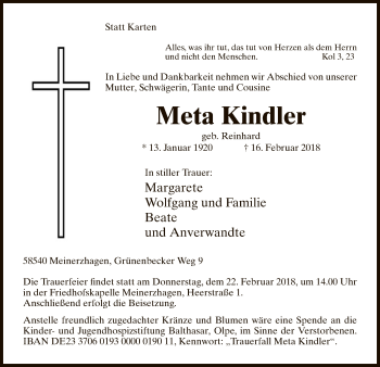 Traueranzeige von Meta Kindler von MZV