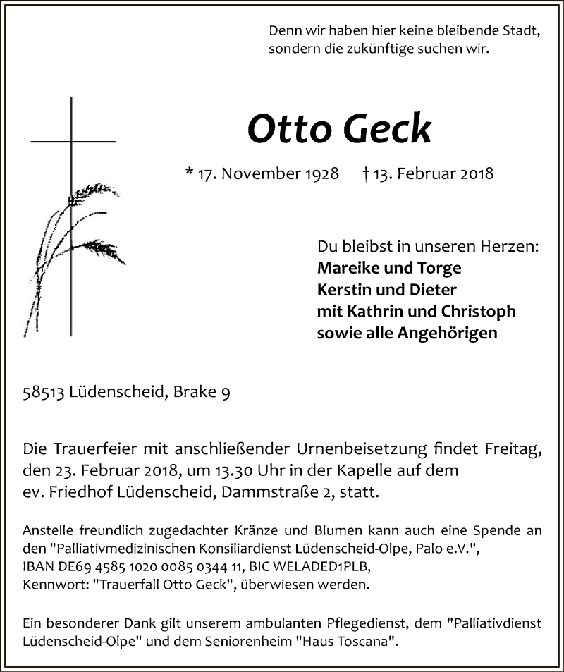  Traueranzeige für Otto Geck vom 17.02.2018 aus MZV