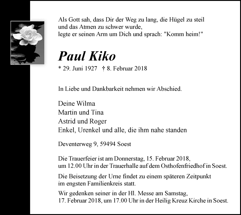  Traueranzeige für Paul Kiko vom 10.02.2018 aus MZV