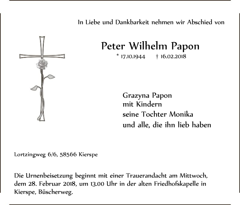  Traueranzeige für Peter Wilhelm Papon vom 21.02.2018 aus MZV