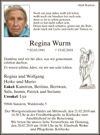Traueranzeige von Regina Wurm von MZV