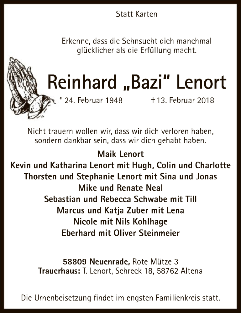  Traueranzeige für Reinhard Lenort vom 16.02.2018 aus MZV