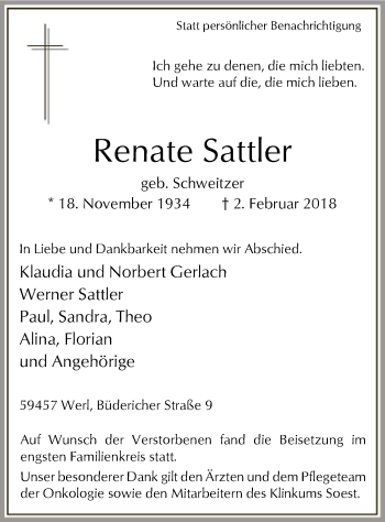 Traueranzeige von Renate Sattler von MZV