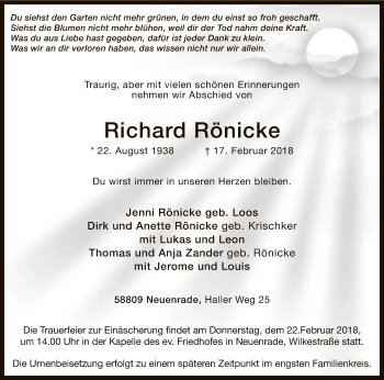 Traueranzeige von Richard Rönicke von MZV