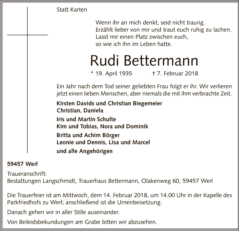  Traueranzeige für Rudi Bettermann vom 10.02.2018 aus MZV