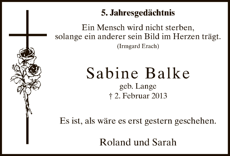  Traueranzeige für Sabine Balke vom 02.02.2018 aus MZV