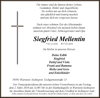 Traueranzeige von Siegfried Mellentin von MZV