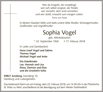 Traueranzeige von Sophia Vogel von MZV