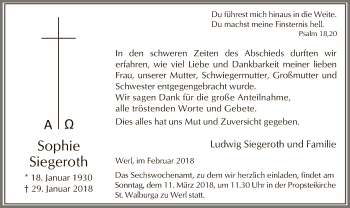 Traueranzeige von Sophie Siegeroth von MZV
