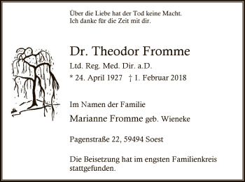 Traueranzeige von Theodor Fromme von MZV