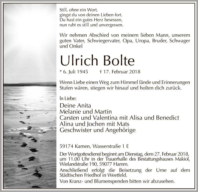 Traueranzeige für Ulrich Bolte vom 21.02.2018 aus MZV