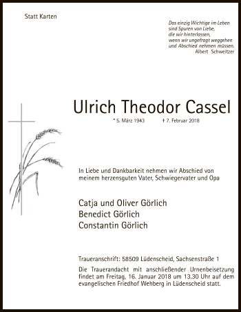 Traueranzeige von Ulrich Theodor Cassel von MZV