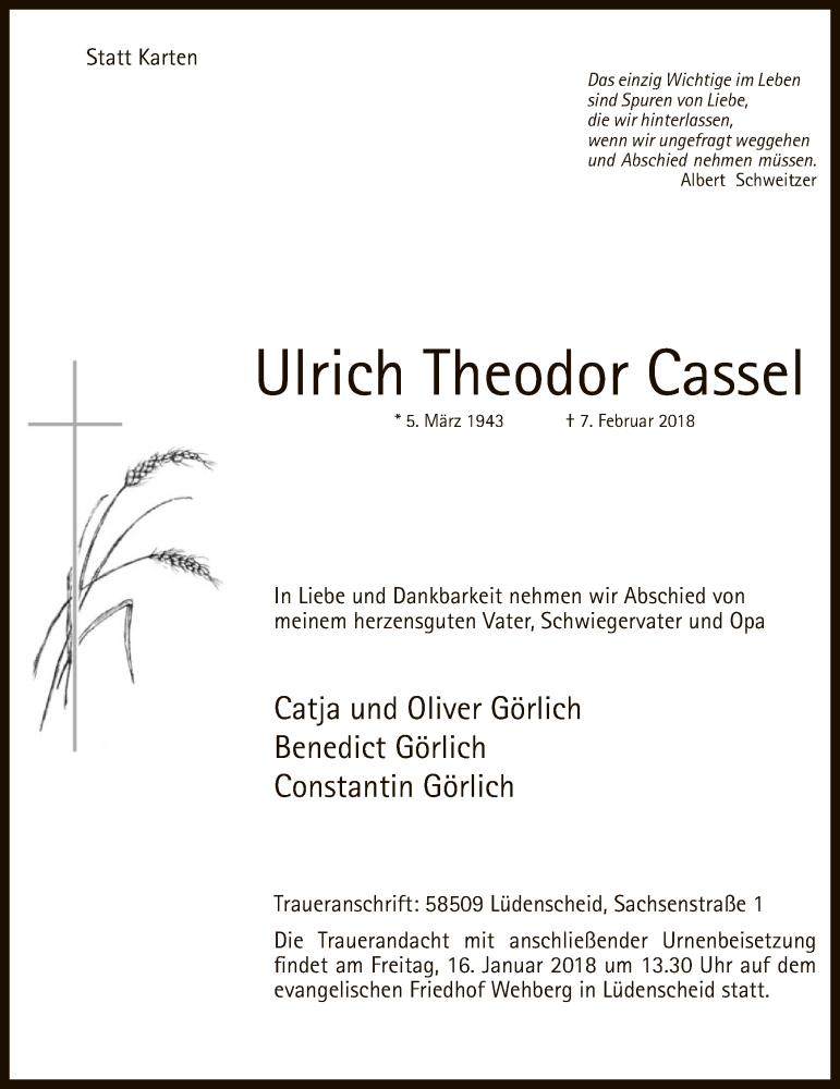  Traueranzeige für Ulrich Theodor Cassel vom 10.02.2018 aus MZV