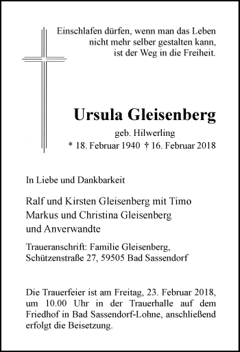 Traueranzeige von Ursula Gleisenberg von MZV