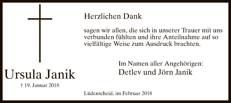  Traueranzeige für Ursula Janik vom 17.02.2018 aus MZV