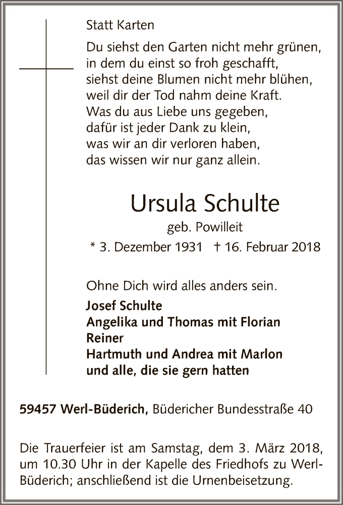  Traueranzeige für Ursula Schulte vom 27.02.2018 aus MZV