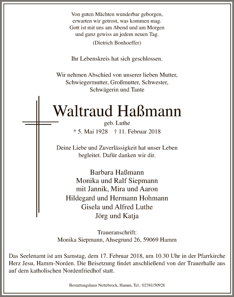  Traueranzeige für Waltraud Haßmann vom 14.02.2018 aus MZV