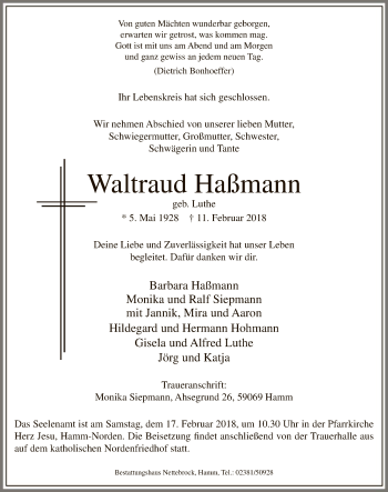 Traueranzeige von Waltraud Haßmann von MZV