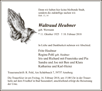 Traueranzeige von Waltraud Heubner von MZV