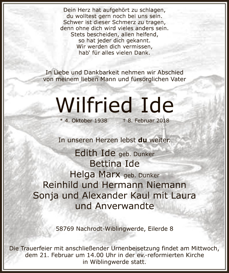  Traueranzeige für Wilfried Ide vom 17.02.2018 aus MZV