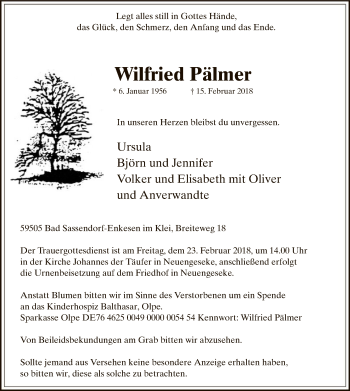 Traueranzeige von Wilfried Pälmer von MZV