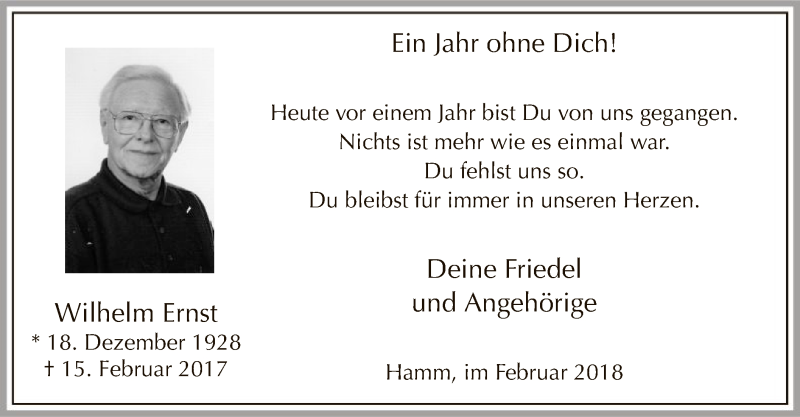  Traueranzeige für Wilhelm Ernst vom 15.02.2018 aus MZV