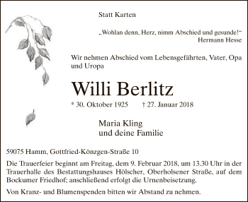 Traueranzeige von Willi Berlitz von MZV
