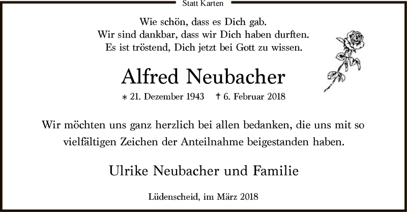  Traueranzeige für Alfred Neubacher vom 23.03.2018 aus MZV