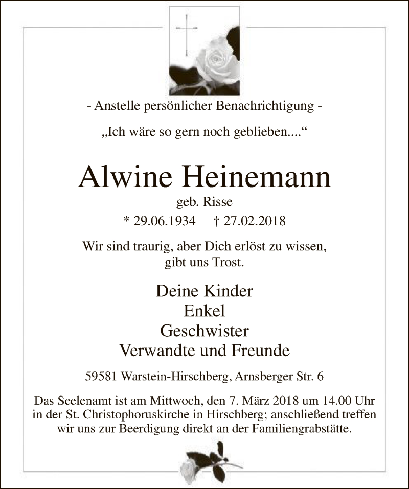  Traueranzeige für Alwine Heinemann vom 01.03.2018 aus MZV