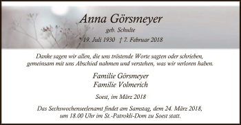 Traueranzeige von Anna Görsmeyer von MZV