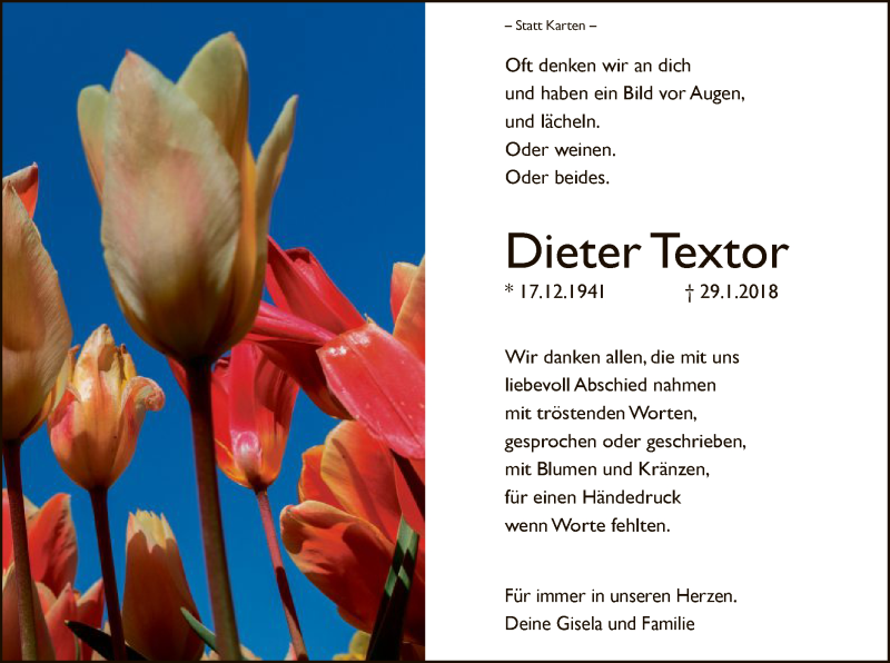  Traueranzeige für Dieter Textor vom 17.03.2018 aus MZV