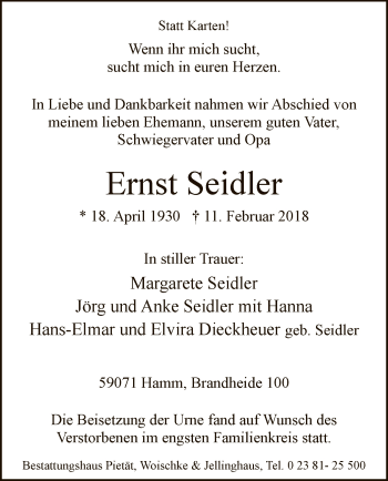 Traueranzeige von Ernst Seidler von MZV