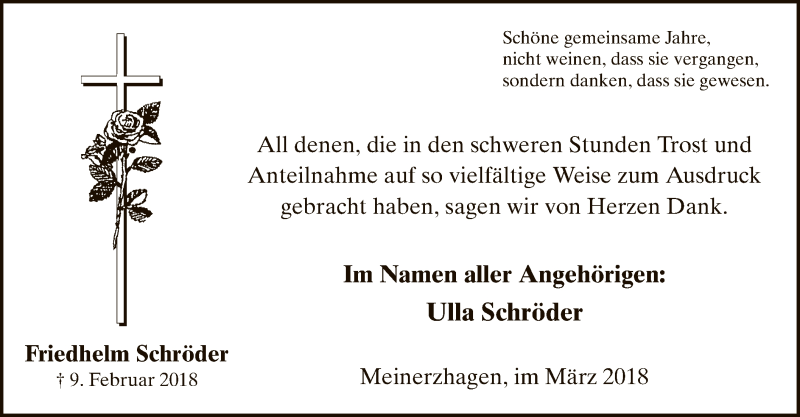  Traueranzeige für Friedhelm Schröder vom 24.03.2018 aus MZV