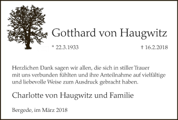 Traueranzeige von Gotthard von Haugwitz von MZV