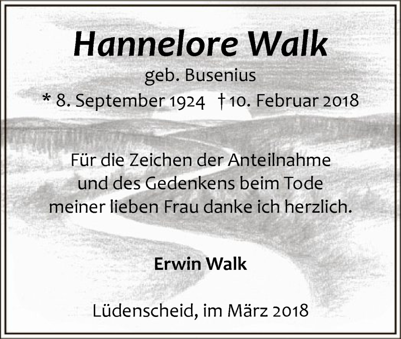  Traueranzeige für Hannelore Walk vom 14.03.2018 aus MZV