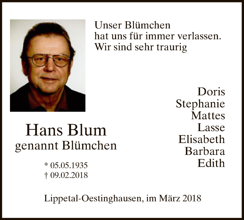  Traueranzeige für Hans Blum vom 24.03.2018 aus MZV