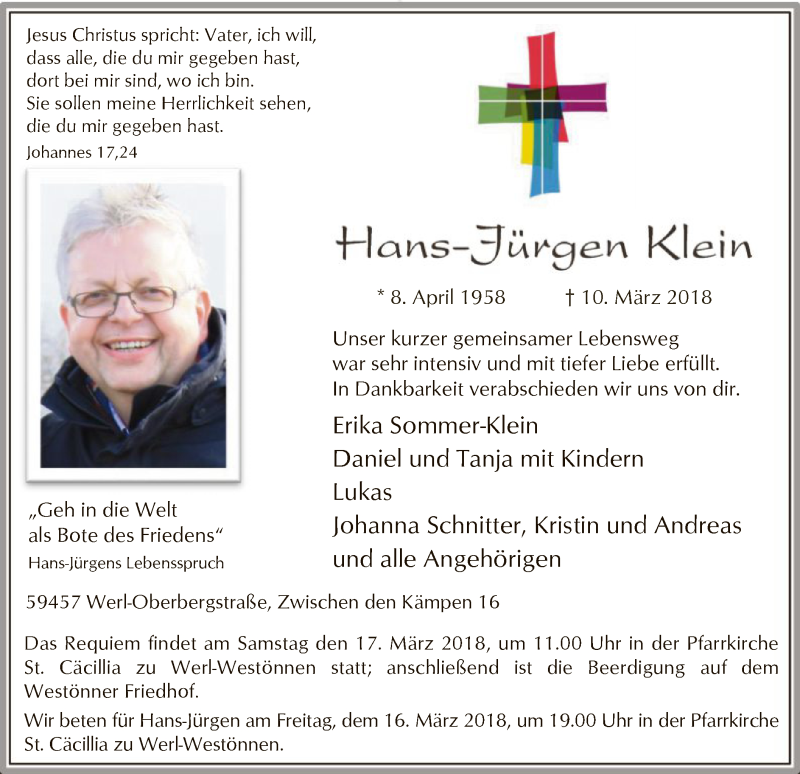  Traueranzeige für Hans-Jürgen Klein vom 14.03.2018 aus MZV