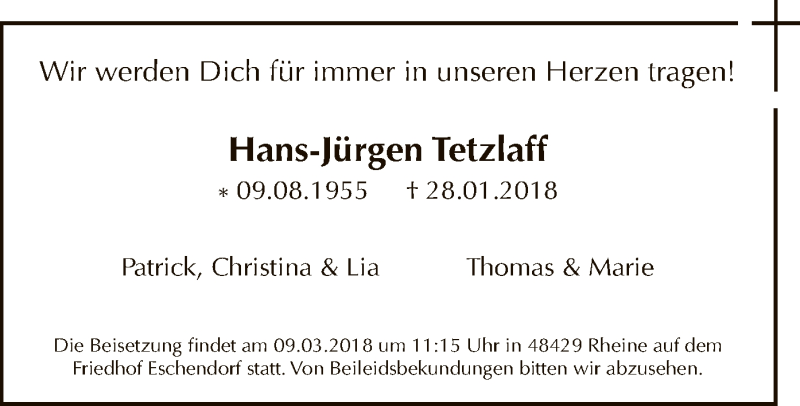  Traueranzeige für Hans-Jürgen Tetzlaff vom 02.03.2018 aus MZV