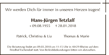 Traueranzeige von Hans-Jürgen Tetzlaff von MZV