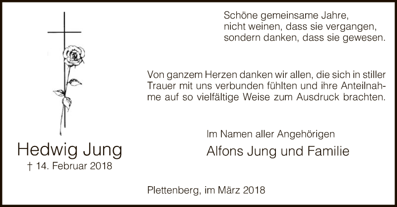  Traueranzeige für Hedwig Jung vom 17.03.2018 aus MZV