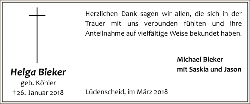  Traueranzeige für Helga Bieker vom 05.03.2018 aus MZV