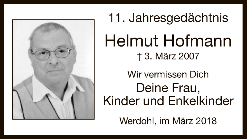  Traueranzeige für Helmut Hofmann vom 03.03.2018 aus MZV