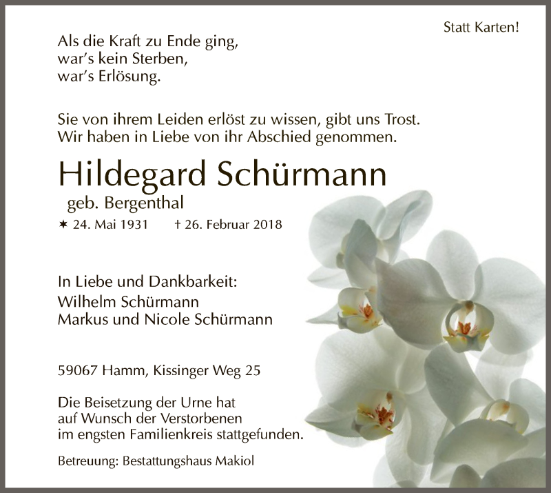  Traueranzeige für Hildegard Schürmann vom 10.03.2018 aus MZV